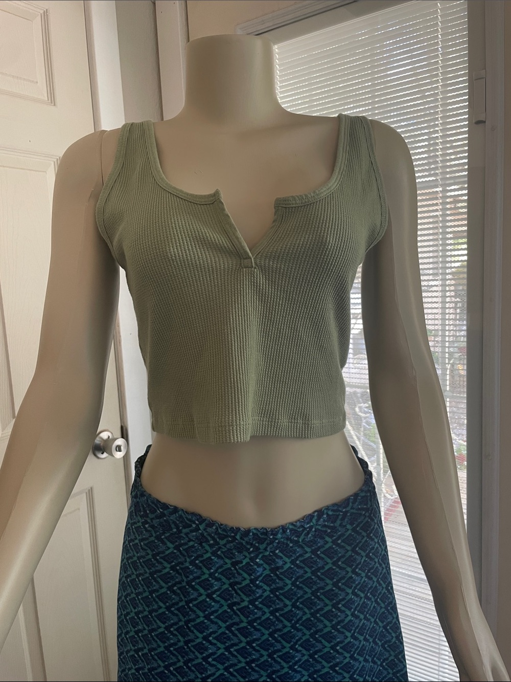American Eagle Outfitters Sage Green Ribbed V-Notch Crop Tank